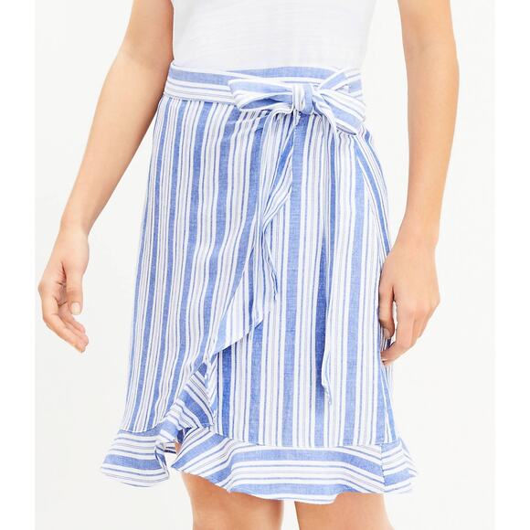Loft Blue White Striped Faux Wrap Linen Skirt Ruffle Bow Tie Size 12 - Picture 10 of 12